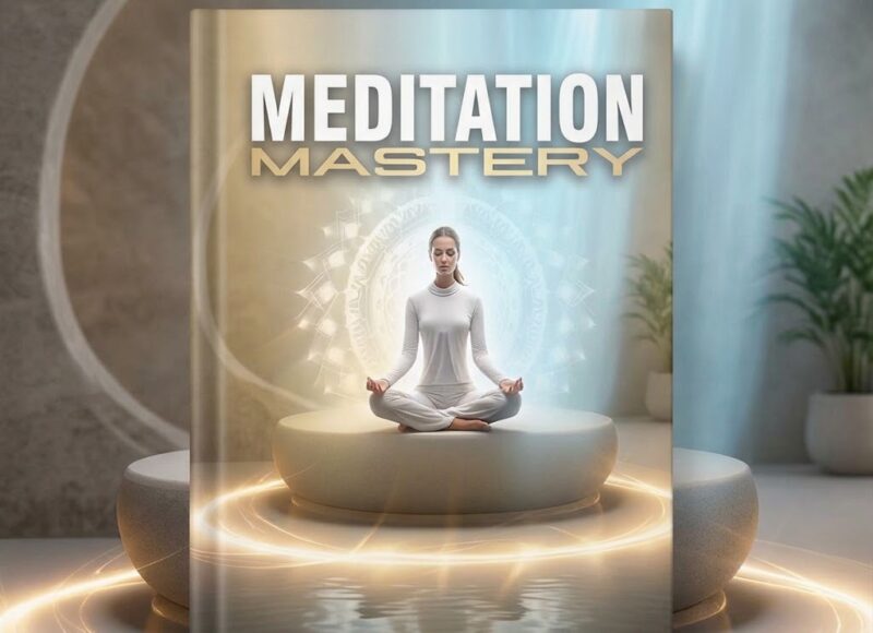 Meditation Mastery ebook cover featuring a peaceful woman meditating for stress relief and mindfulness