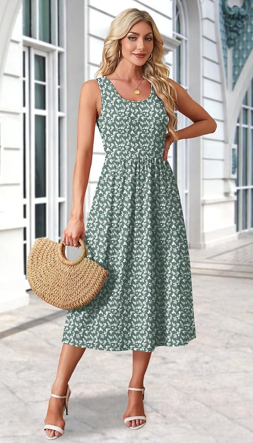 WIHOLL Summer Midi Dress with Pockets | Flowy Casual Sundress